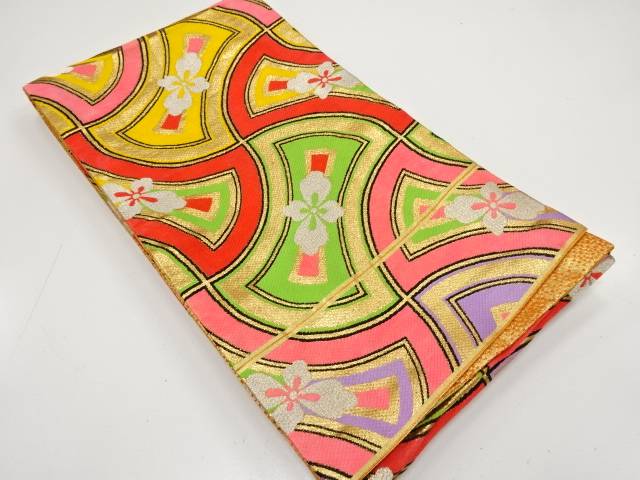 分銅菱に花模様織り出し子供帯（材料）【アンティーク】【中古】【着】【半幅帯】