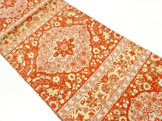 未使用品 草花に菱・横段模様織出し名古屋帯（未仕立て）【着】【名古屋帯】