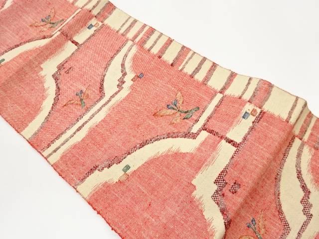 手織り紬縞に変わり横段・花葉模様織出し名古屋帯【中古】【着】【名古屋帯】