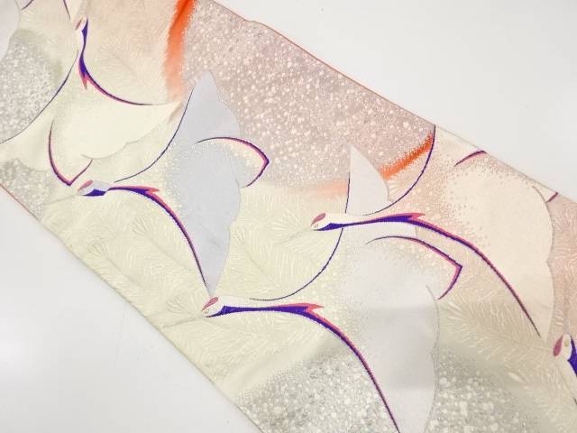 鶴に若松模様織り出し袋帯（材料）【アンティーク】【中古】【着】【袋帯】