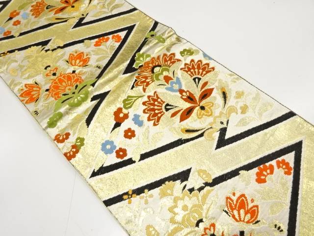 幾何学に唐花模様織り出し袋帯（材料）【アンティーク】【中古】【着】【袋帯】