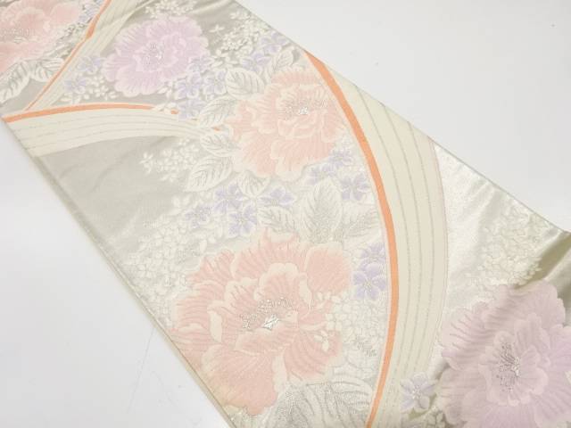 牡丹に小花模様織り出し袋帯（材料）【アンティーク】【中古】【着】【袋帯】