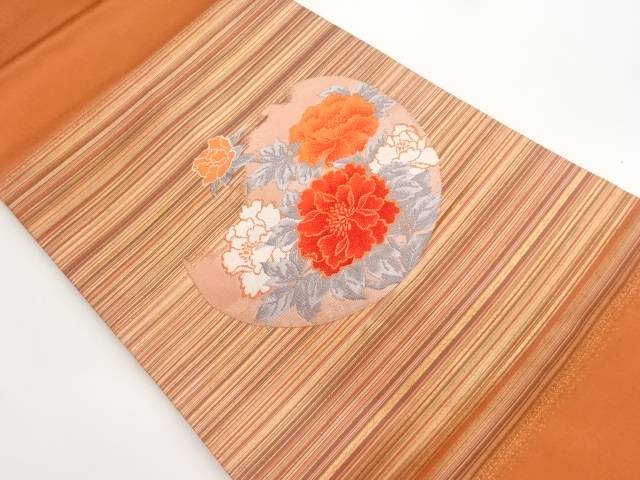 牡丹に横縞・変わり丸模様織出し名古屋帯【中古】【着】【名古屋帯】
