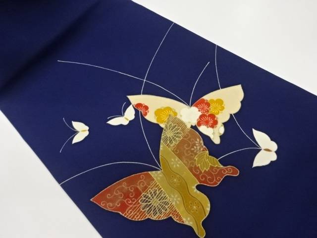 塩瀬金彩蝶に梅・菊・唐草模様名古屋帯【中古】【着】【名古屋帯】