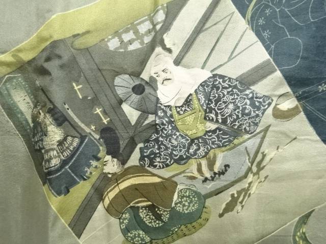 矢筒に時代人物模様男物長襦袢【アンティーク】【中古】【着】【図変り】