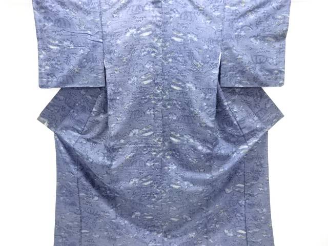 草花模様織り出し十日町紬着物【中古】【着】【紬・お召し】