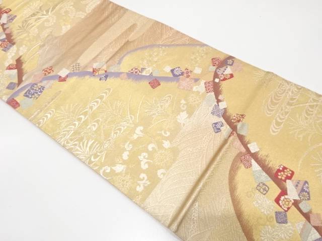 樂天商城 - 山並に草花・古典柄織り出し袋帯（材料）【アンティーク】【中古】【着】【袋帯】