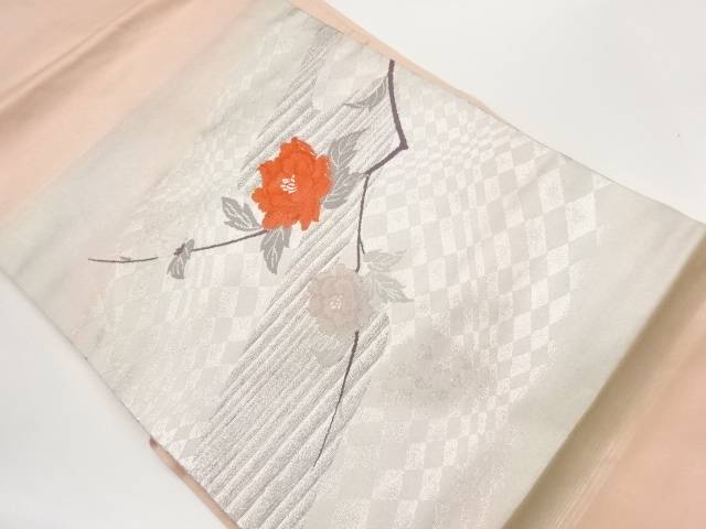 幾何学・曲線に牡丹模様織出し名古屋帯【中古】【着】【名古屋帯】