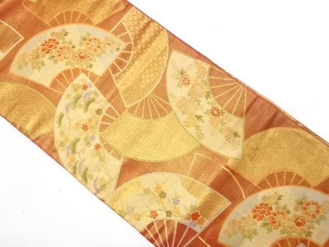 地紙に草花・古典柄織り出し　名古屋帯【中古】【着】【名古屋帯】