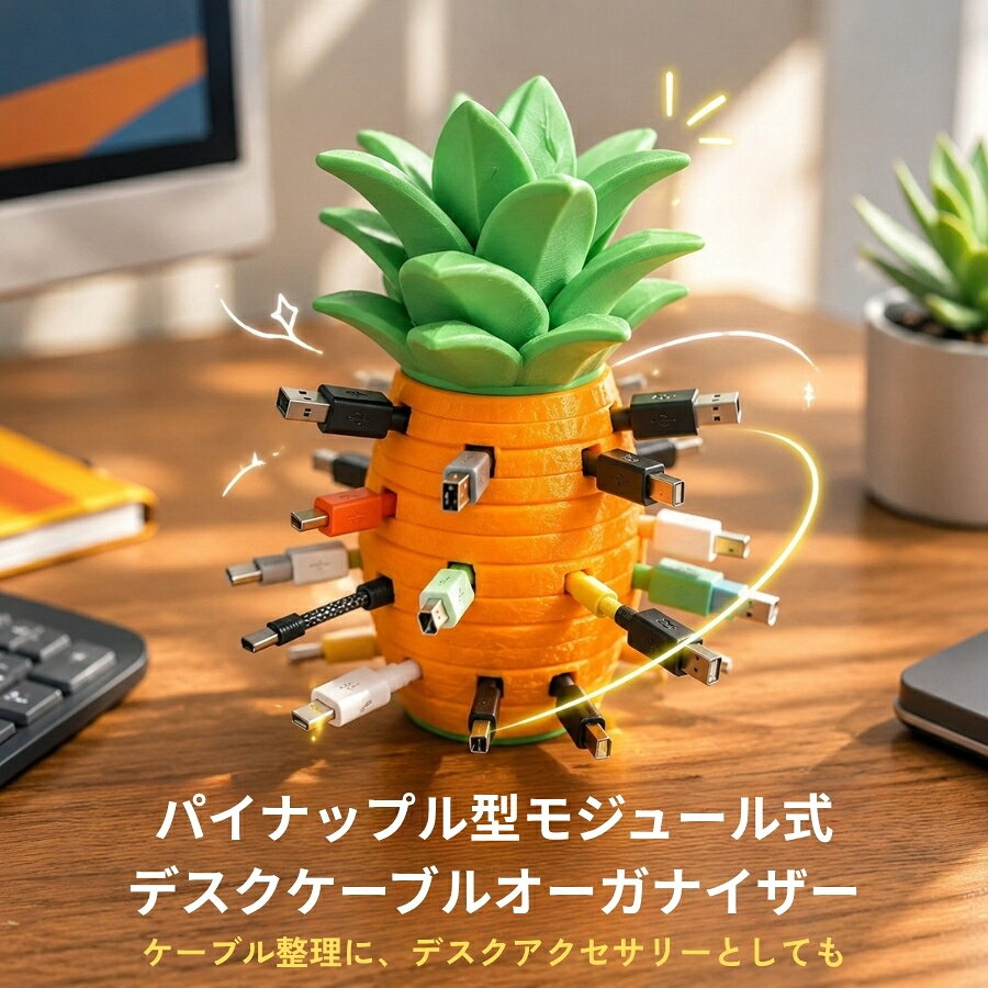 新着限定P11倍★ ケーブルオーガナイザー パイナップル型 モジュール式 卓上収納 3D プリント製 デスク周りケーブル整理 配線収納 おしゃれ デスク雑貨 ケーブル収納 配線整理 USB ケーブル収納 デスク周り アクセサリー