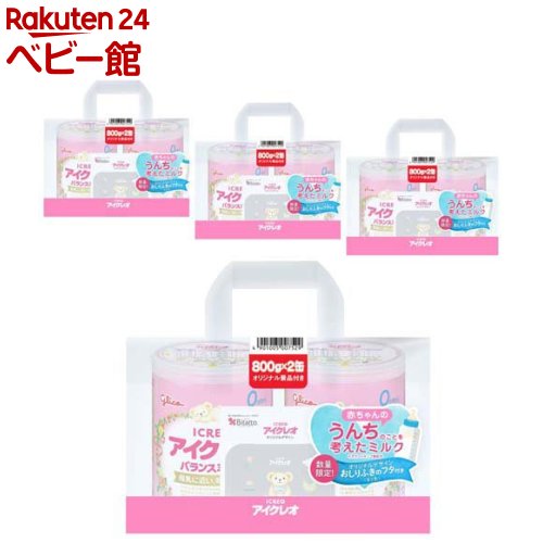 お店TOP＞ベビー用食事用品＞粉ミルク＞アイクレオ バランスミルク ケース販売 おしりふきのフタつき (800g×8缶セット)商品区分：乳児用調製乳（特別用途食品）【アイクレオ バランスミルク ケース販売 おしりふきのフタつきの商品詳細】●ケース販売商品です。2缶×4個セットの8缶入りになります。おしりふきのフタは4個付いています。●母乳をめざし、成分ひとつひとつと原料にもこだわりながら、赤ちゃんのうんちについて考えた※、繊細な身体にやさしいミルクです。※ガラクトオリゴ糖配合【保健機能食品表示】許可表示：母乳は赤ちゃんにとって最良の栄養です。「アイクレオ バランスミルク」は母乳が不足したり与えられない場合に母乳の代わりをする目的で作られたものです。【召し上がり方】＜ミルクの溶かし方＞・調乳の前には必ず手を洗いましょう。・缶に入っている専用スプーン1杯は、できあがり量20mlです。・取り扱いに十分注意しながら、必ず70度以上のお湯をご使用ください。・火傷などの危険性がありますので、熱湯や哺乳ビンの取り扱いには十分注意して調乳してください。(1)消毒した哺乳ビンに、専用スプーンで必要量のミルクをすりきって入れます。(2)一度煮沸させた70度以上のお湯をできあがり量の2／3ほど入れます。(3)乳首とフードをつけて、火傷に注意しながら哺乳ビンを軽く振って溶かします。(4)できあがり量まで、煮沸後70度以上のお湯または煮沸後の湯冷ましを加えます。(5)乳首とフードをつけて、火傷に注意しながらさらによく溶かします。水に浸すなどして冷ましてください。授乳する前に手首に2〜3滴落とし、必ず体温くらいの温度か確かめて飲ませてあげてください。＜ミルクの飲ませ方＞・使用量の目安は缶のフタの表をご覧ください。・ミルクを飲む量は離乳食の摂取量や赤ちゃんによる個人差がありますので、必要に応じて加滅してください。・1回分ずつ調乳し、飲み残しは与えず、捨ててください。また、調乳したミルクは2時間以内に飲ませてください。・十分に冷ましていないミルクを与えると赤ちゃんが火傷をする原因となります。必ず体温くらいに冷ましてから飲ませてあげてください。(哺乳ビンの外側は冷めていても内側のミルクが熱いことがあります)【セット詳細】800g×2缶×4個セット、おしりふきのフタ4個【品名・名称】調製粉乳 (特別用途食品： 乳児用調製粉乳)【栄養成分】100g当たりエネルギー：523kcal、たんぱく質：12.0g、脂質：28.0g、炭水化物：55.8g、食塩相当量：0.30g、ビタミンA：430μg、ビタミンB1：0.6mg、ビタミンB2：0.9mg、ビタミンB6：0.3mg、ビタミンB12：1.5μg、ビタミンC：60mg、ビタミンD：8.3μg、ビタミンE：6.0mg、ビタミンK：25μg、葉酸：80μg、ナイアシン：5.0mg、パントテン酸：4.3mg、ビオチン：16μg、亜鉛：2.9mg、カリウム：450mg、カルシウム：350mg、セレン：11μg、鉄：7.1mg、銅：0.37mg、マグネシウム：37mg、ヨウ素：80μg、リン：220mg、リノール酸：3.3g、α-リノレン酸：0.6g、β-カロテン：190μg、塩素：310mg、コリン：50mg、イノシトール：50mg、L-カルニチン：8mg、タウリン：30mg、ヌクレオチド：20mg、リン脂質：220mg、スフィンゴミエリン：40mg、ガラクトオリゴ糖：0.5g、灰分：2.2g、水分：2.0g★配合割合(100g当たり)乳成分：71.3g、調整脂肪：27.3g、オリゴ糖：0.5g、ビタミン・ミネラル等：0.9g★主要な混合物乳又は乳製品以外の乳成分(乳糖)：22.9％乳脂肪以外の脂肪(分別ラード、オレオ油、大豆油、ヤシ油、パームオレイン、エゴマ油、レシチン)：27.3％乳糖以外の糖(ガラクトオリゴ糖)：0.5％【アレルギー物質】乳成分、大豆【保存方法】乾燥した涼しい場所に保存してください。【注意事項】・母乳は赤ちゃんにとって最良の栄養です。・授乳について特に専門家の指示があれば、それに従うようにしましょう。・開缶後は特に湿気や虫、髪の毛などが入らないようにしっかりフタを閉め、直射日光を避けて乾燥した涼しい場所に保存し、1カ月以内に使い切るようにしてください。・専用スプーンは缶とは別に衛生的に保存してください。・粉が湿気を帯びたりしますので冷蔵庫や冷凍庫には保存しないでください。・電子レンジで加熱しないでください。・赤ちゃんの体質や健康状態によっては、医師、薬剤師、助産師、保健師、看護師、管理栄養士、栄養士にご相談ください。【原産国】日本【ブランド】アイクレオ【発売元、製造元、輸入元又は販売元】江崎グリコ商品に関するお電話でのお問合せは、下記までお願いいたします。受付時間 平日9：00-18：30(土日・祝日・夏期休暇・年末年始を除く)お菓子・アイスクリーム・食品・サプリメント：0120-917-111牛乳・飲料・デザート：0120-141-369育児用ミルク・幼児食：0120-964-369リニューアルに伴い、パッケージ・内容等予告なく変更する場合がございます。予めご了承ください。江崎グリコ555-8502 大阪市西淀川区歌島4-6-5※お問合せ番号は商品詳細参照広告文責：楽天グループ株式会社電話：050-5306-1825[粉ミルク/ブランド：アイクレオ/]