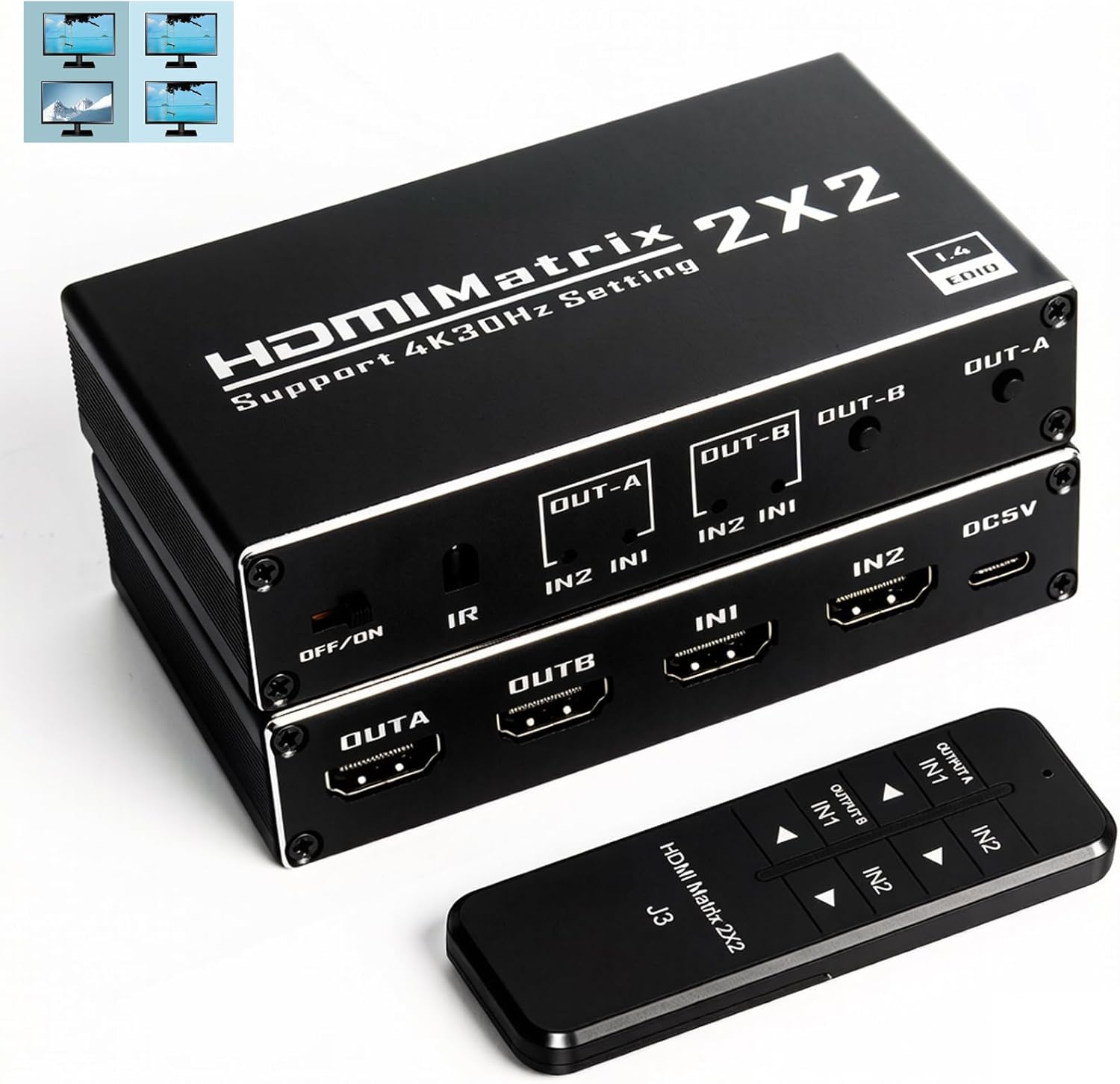 HDMI 切替器 2入力2出力 マトリックススイッチ 分配器 セレクター 4K@30Hz 【2画面同時出力 or 1画面切替】 PS5/Switch対応 リモコン付き 自動/手動切り替え ブルーレイプレーヤー/テレビ用 コスパ重視 (HDCP1.4)