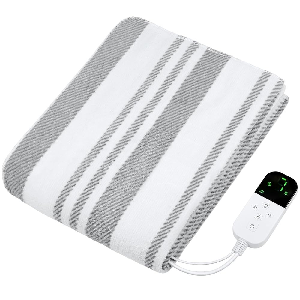 電気毛布 掛け敷き兼用 洗える【160x80cm 7段階温度調節 2-4-8-12H切タイマー】80W 節電 電気ブランケット 速暖 省エネ ダニ退治 軽くて柔かい生地 肩掛け 膝掛け シングル 防寒対策 暖房器具 キャンプ オフィス 車中泊 ギフト PSE認証済み (ストライプグレー, 160*80CM)