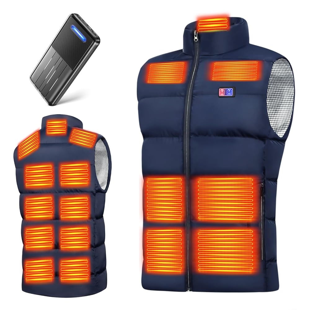 電熱ベスト 【40800mAh大容量バッテリー付き 17箇所発熱】 加熱ベスト 前後独立スイッチ 3段階温度調節 USB給電 ヒートジャケット 速暖 保温 メンズ レディース 加熱服 暖房ウェア 丸洗い 省エネ 通勤 通学 防寒対策,L, ブルー