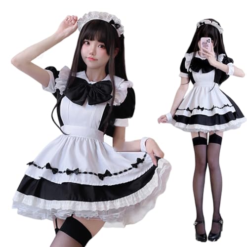 [AOTYP] メイド服 メイドコスプレ コンカフェ メイド ショート丈 可愛いリボン メイドコスチューム ハロウィン仮装 レディース メンズ セット 一式 こすぷれ イベント パーティー 大人 女装 ハロウィン 学園祭 撮影