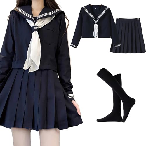 [City Sea Sky] セーラー服 大きいサイズ 長袖 紺色 前開き 本格制服 コスプレ 女子高生 中学生 コスチューム JK 制服セット 人気セーラー服 本物 女子制服 4xl 学生服 かわいい ハロウィン 仮装 文化祭 学園祭 入学式 卒業式