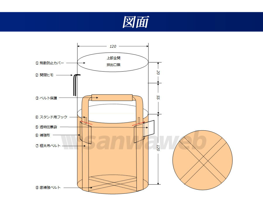 フレコンバッグ 120K 丸型 1200φx1200H 上部全開 排出口なし 10枚入 バージン材 コンテナバッグ フレキシブルコンテナ 【食品衛生法適合】 大型土のう 2