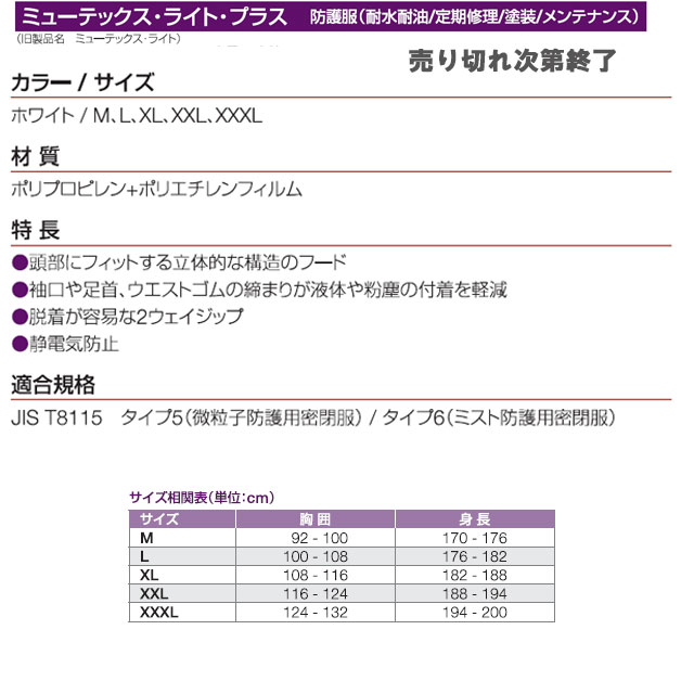 防護服　ミューテックス・ライト・プラス　XXLサイズ　（25枚）使い捨て ハネウェル　ポリプロピレン　ポリエチレン　塗装　メンテナンス　内装　工事　清掃　水　油使用　農業　農薬　帯電防止　家畜　飼料　現場　全身化学防護服　粉塵清掃　掃除用品