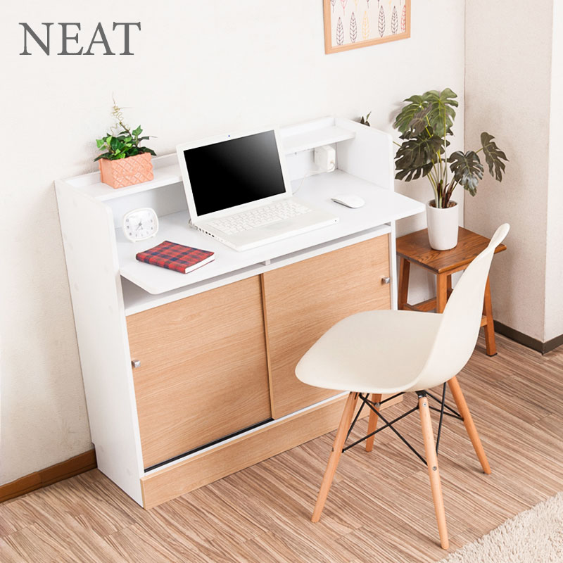 【スーパーセール】引戸収納付き薄型コンパクトデスク カウンター下収納デスク Neat 幅90 ナチュラル デスク パソコンデスク PCデスク ダイニング リビン...