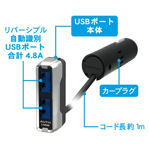 合計最大4.8A出力リバーシブルUSB×2ポート DC充電器スリム【セパレートタイプ】(DC025) 3