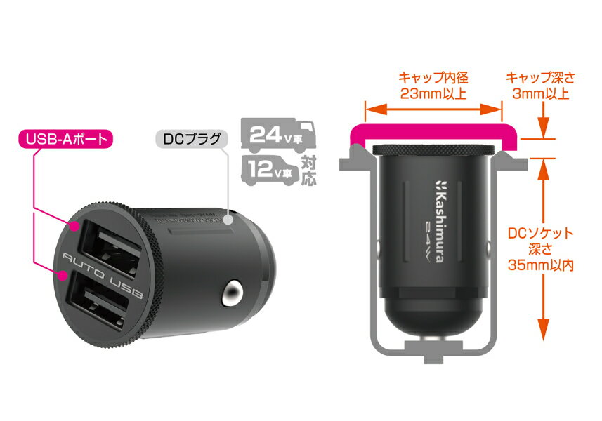 合計最大4.8A出力急速充電対応/USB×2ポート DC充電器(DC047)