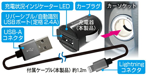 ����2.4A���ϡ���С����֥�USB ���󥸥��������դ� ����ѥ���DC���Ŵ��Lightning�����֥��ա�(KL110)