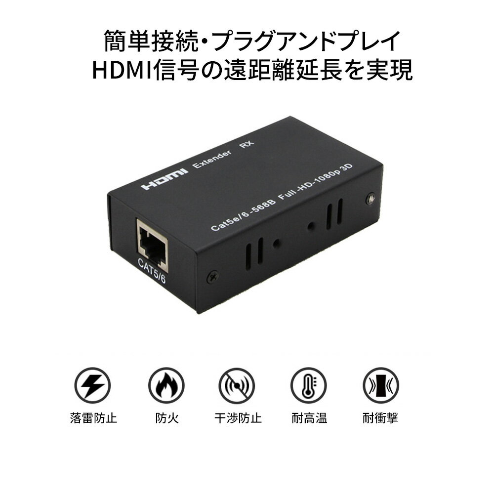 HDMI延長器 フルHD/3D/1080p高画質信号転送 最大60m延長 HDMI送信機/受信機 無遅延ロスレス転送 2