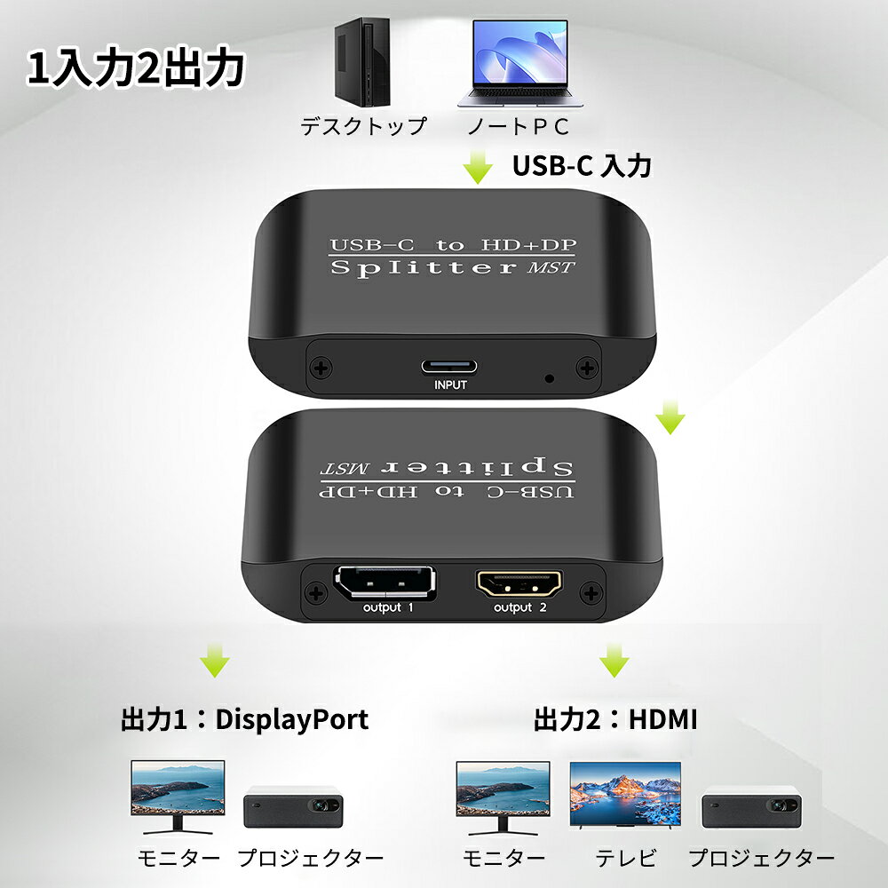 4K対応 USB-C to HDMI＋DisplayPort スプリッター 1入力2出力 スクリーン ミラーリ...