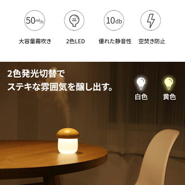 加湿器 usb 卓上 かわいい キノコ型 10dB超静音 オフィスや寝室や車内に最適 LEDライト搭載 やわらかい照明で安眠効果 安心の空焚き防止 抗菌殺菌 省エネ 節電 便利なMicroUSB充電 ポータブル 軽量小型