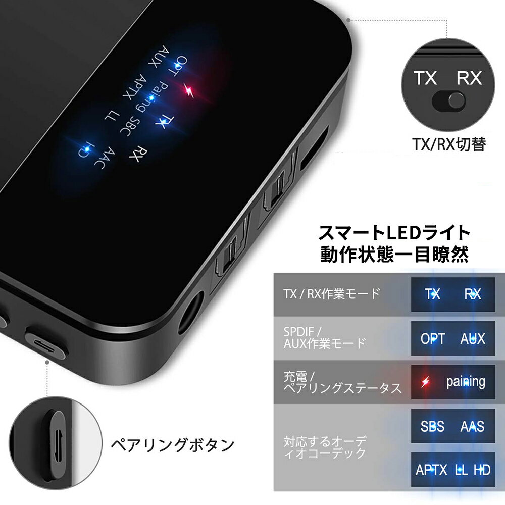 Bluetooth5.0 ������ ������ �ȥ�󥹥ߥå��� �쥷���С� �������� ���ޡ���LED�饤����� ư����ְ������� ���ٱ䡦�ⲻ�� 2��Ʊ����³