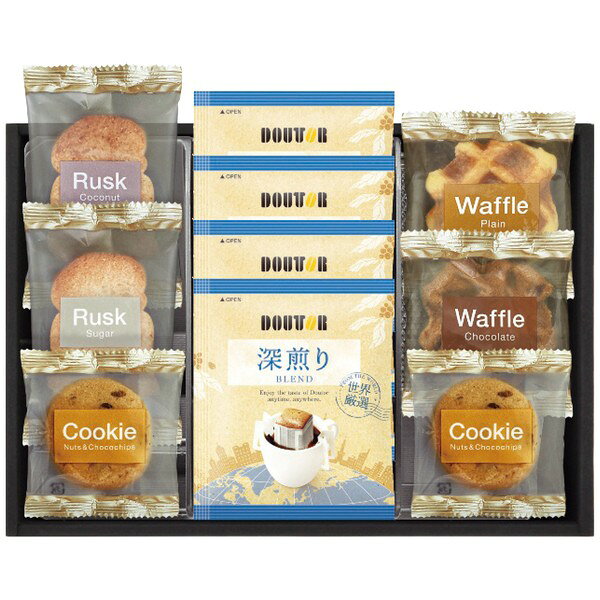 ドトールコーヒーと、マカダミアナッツとぺカンナッツ、チョコチップをたっぷり入れて、ざっくりとした食感に焼き上げたざっくりクッキー、甘さを抑え軽い食感に仕上げた馴染みのあるシュガーラスク、香ばしいココナッツの風味が広がるさくっとした軽い食感のココナッツラスクに、ベルギー産の粒状砂糖「パールシュガー」を加え、食感にアクセントをつけた、程よい甘さのプレーンワッフル、やわらかな生地に、カリカリとした食感がアクセントのチョコレート風味のチョコワッフルのセットです。