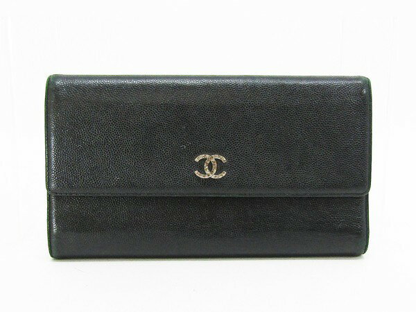 【中古】　【CHANEL　シャネル】　ココマーク キャビアスキン 3つ折り財布　財布　ブラック