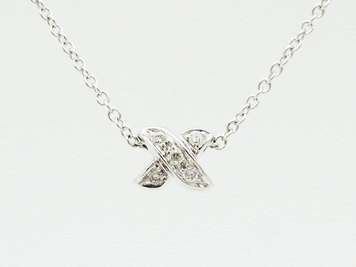 ☆【中古】 【TIFFANY Co. ティファニー】 K18WG 5Pダイヤモンド シグネチャー ネックレス ネックレス