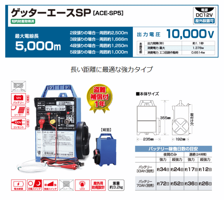 末松電子 電気柵 #103 ゲッターエースSP （ACE-SP5） 屋外設置用 ~R~