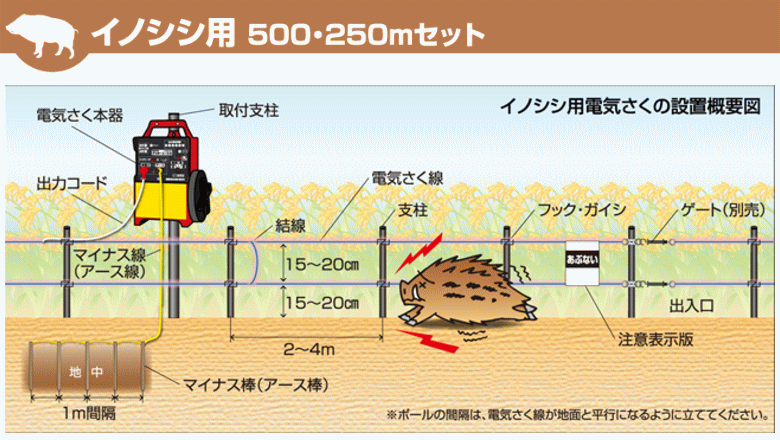 末松電子 電気柵セット #929 イノシシ用FQ2ポール500mセット イノシシ用2段張りセ...