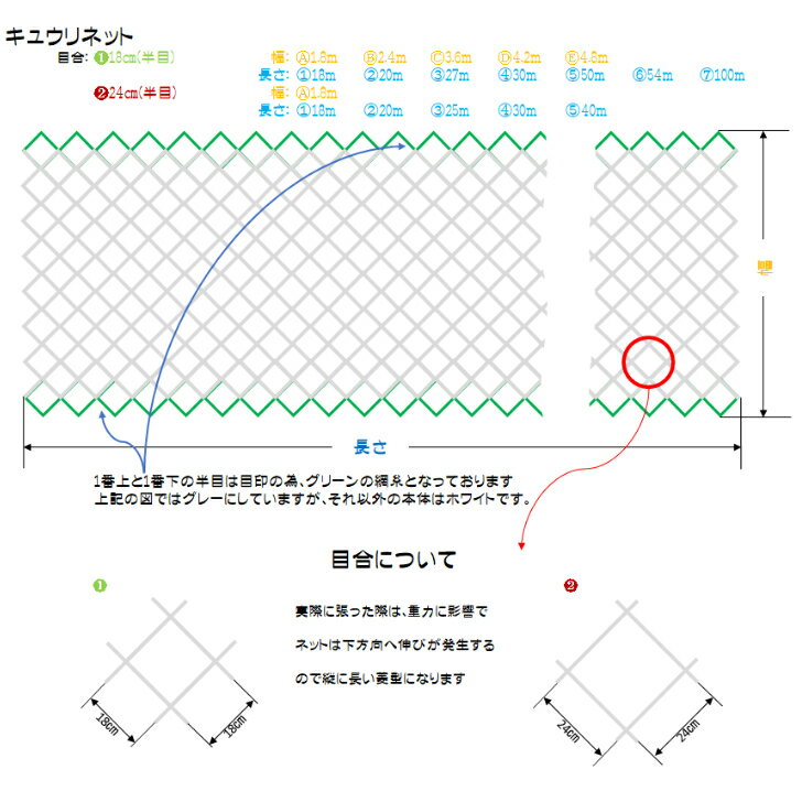 キュウリネット目合い：菱目18cm目・菱目24cm目カラー：白/緑・赤/黒