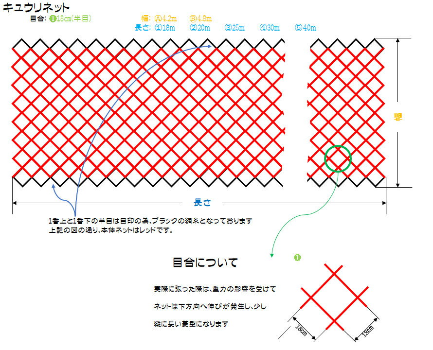キュウリネット目合い：菱目18cm目・菱目24cm目カラー：白/緑・赤/黒