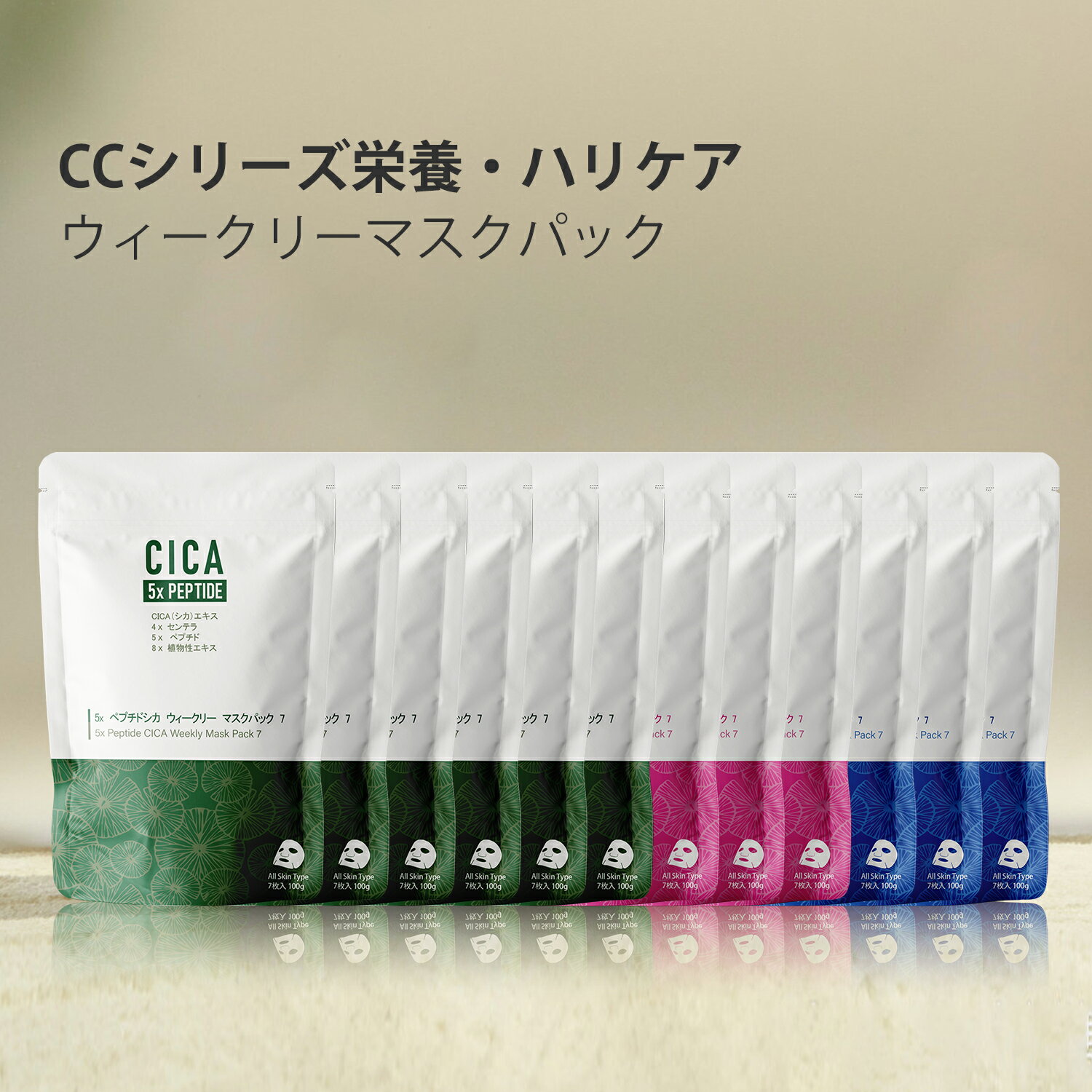  日本製 CICA シカ 2種コラーゲン+3種ヒアルロン酸+5種ペプチシカ保湿 スキンケア 潤い フェイスマスクパック 7枚x12袋