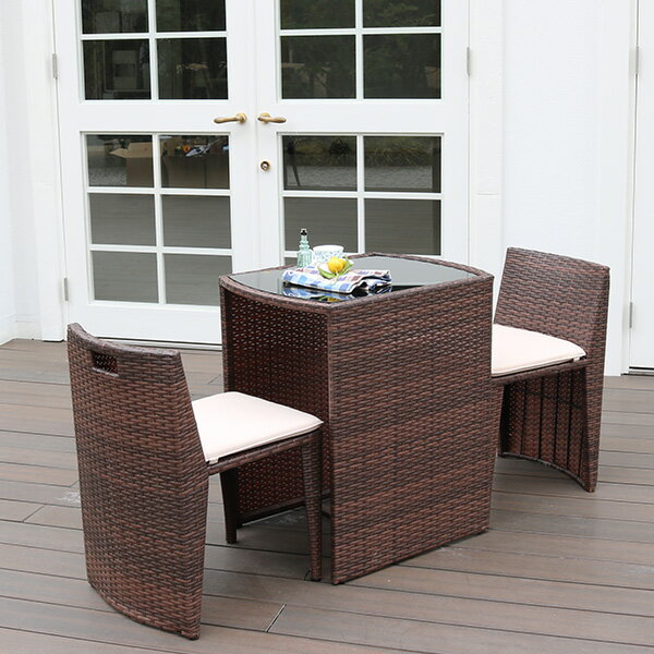 ガーデンテーブルセット おしゃれ ラタン コンパクト テーブル3点セット ガーデンセット ブラウン ホワイト 完成品 リゾモダン CP001-3PSET