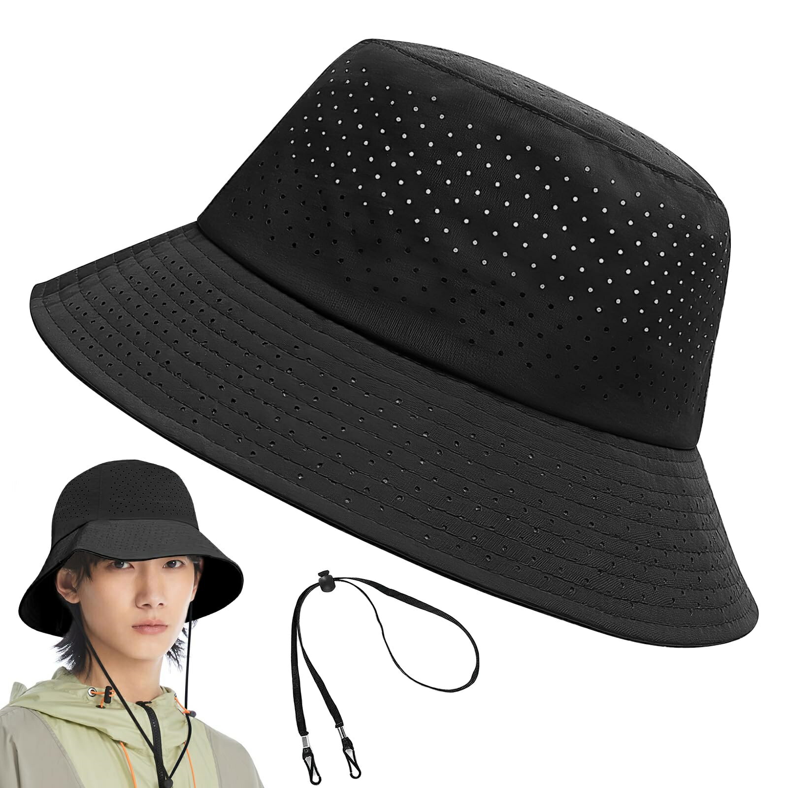 バケットハット メンズ 夏用 サファリハット メッシュ 帽子 日除け帽子 メンズ ハット メッシュ通気 つば広 遮光 速乾性 軽量 防風 防汚 あご紐付き 折りたたみのサムネイル