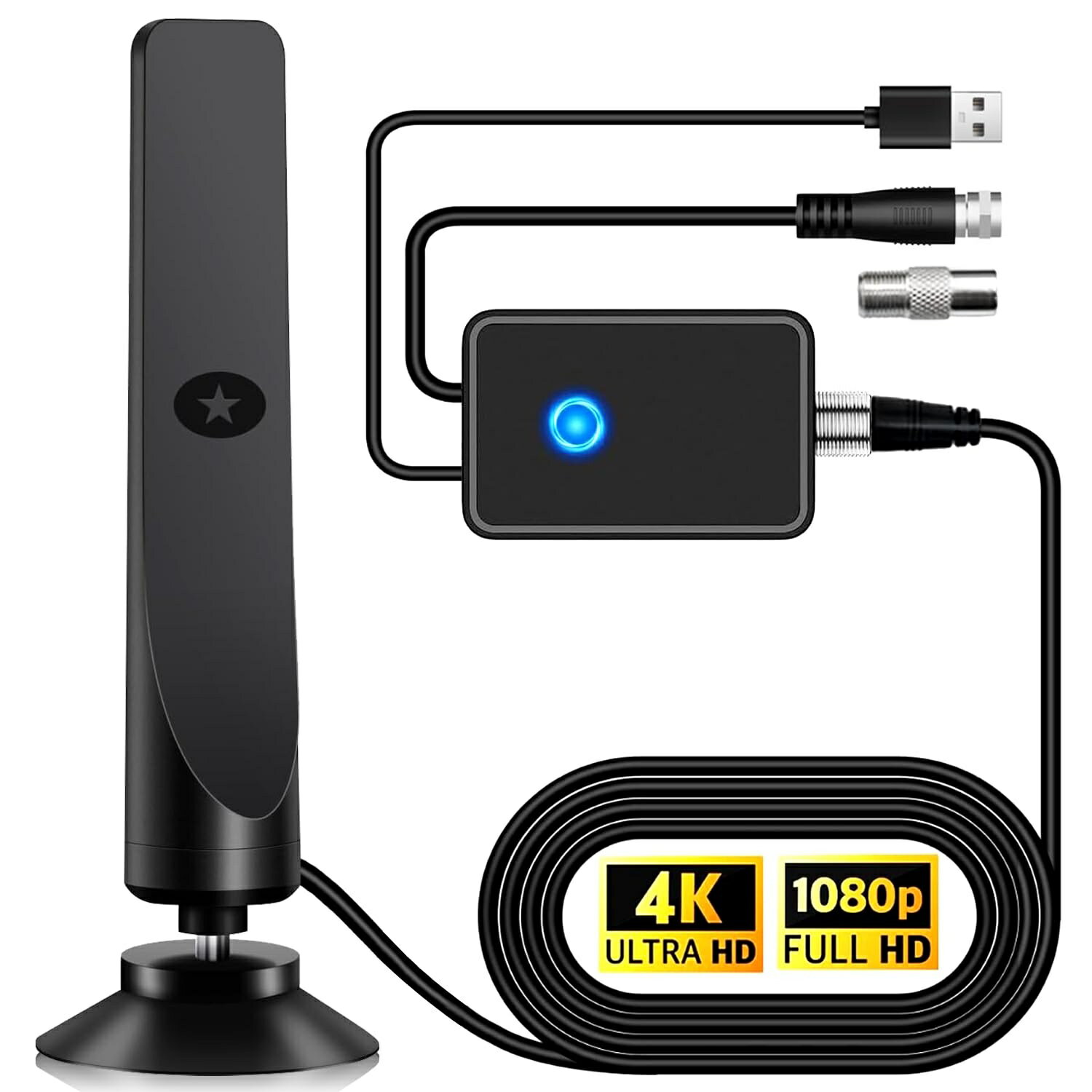 テレビアンテナ Lupsty 室内アンテナ 地デジアンテナ ブースター 増幅器 360度全方位受信 450KM受信範囲 無料視聴 防水 4K HDTV 高感度 USB式簡単接続 小型 コンパクト UHF VHF対応 強電界 屋外・屋内用