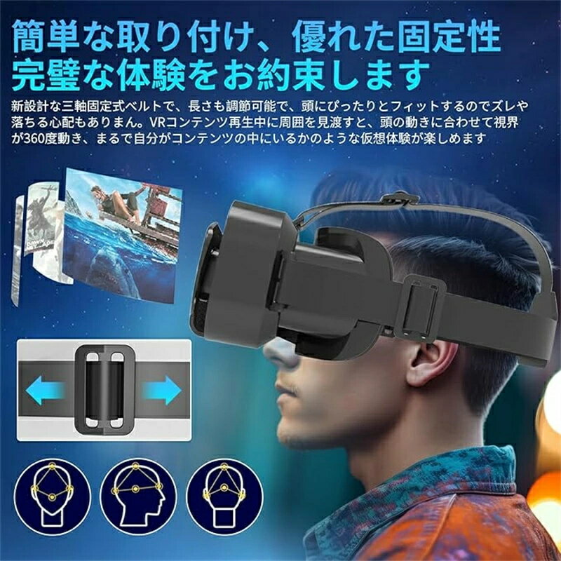 VRゴーグル VRヘッドセット 3Dパノラマ体験 1080P 超広角120°視野角 vrゴーグル スマホ用 非球面光学レンズ 焦点や瞳孔距離調節可能 装着感良い メガネ対応 スマホ vr 通気性 軽量 4.7～7 iPhone&androidなどのスマホ対応