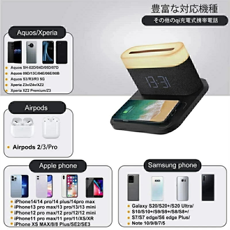 ワイヤレス急速充電器 3in1 目覚まし時計 間接照明 大音量 置き時計 おしゃれ デジタル アラーム ワイヤレス充電器 無線充電器 置き時計 卓上 アラーム機能付き アラーム時計 めざまし時計 目覚まし時計 USB給電 最大15W出力 iPhone 15/14/13 /12/11 Pro