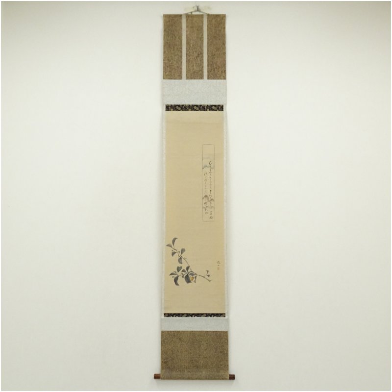 【中古】【書画】森徹山筆　花図　熊谷直好賛　肉筆紙本掛軸（保護箱） 掛け軸 床の間 書 おしゃれ 絵画 表具 芸術 茶道 年中掛け インテリア 茶掛 掛物 和室