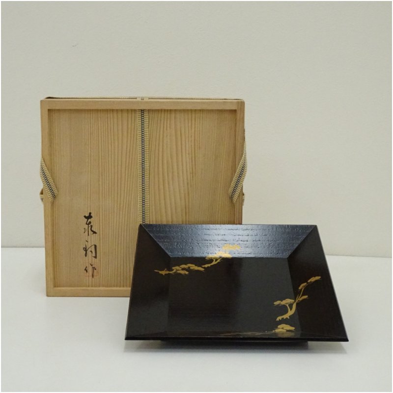 ほぼ未使用 茶道具 木製漆器 四方盆 干菓子器 5点まとめて 元箱 茶道具 菓子器 干菓子器 干菓子盆 四方盆 一閑張 謡本張 鶴亀 川瀬表完