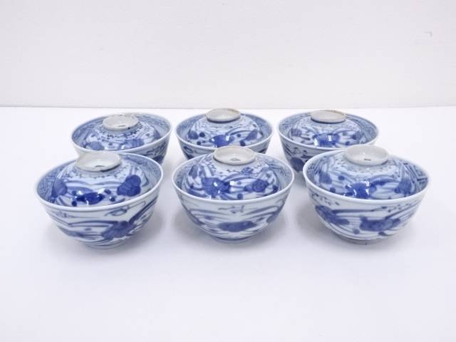 【中古】【陶芸・陶器】明治期　伊万里焼　染付蓋茶碗6客【送料無料】[中古 茶道 抹茶 茶道具 おしゃれ 抹茶茶碗 抹茶碗 和食器 レトロ 茶器 茶わん 骨董 茶会 茶の湯]