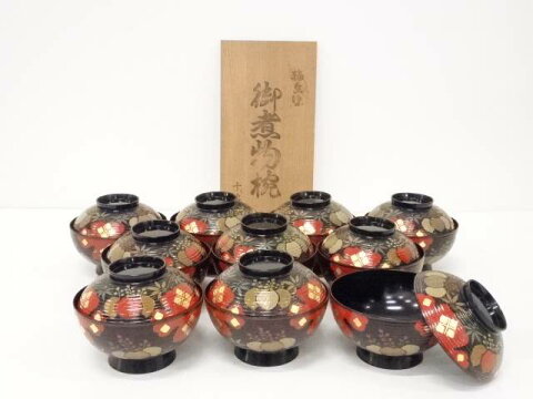 【漆器】輪島塗　御煮物椀10客（共箱）【送料無料】[中古 和食器 和食 漆器 お椀 食器 おしゃれ 懐石 会席 料理 料亭 居酒屋 椀盛り 菜盛り 汁物 来客 owan]