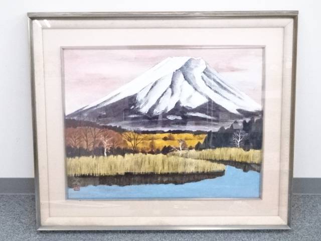 【中古】【タイムセール40%オフ】【アンティーク】絵画　桝田靖夫筆　富士山　肉筆額装【送料無料】[中古 絵画 書 おしゃれ アート 芸術 年中掛け インテリア 床の間 リビング 玄関 寝室 和室 洋室]