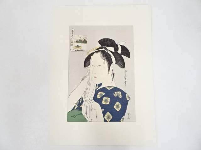 【中古】【タイムセール50%オフ】【書画】喜多川歌麿　高名美人六家撰　日の出屋後家　手摺浮世絵木版画【送料無料】[中古 浮世絵 絵画 おしゃれ アート 芸術 年中掛け インテリア 床の間 リビング 玄関 寝室 和室 茶室]