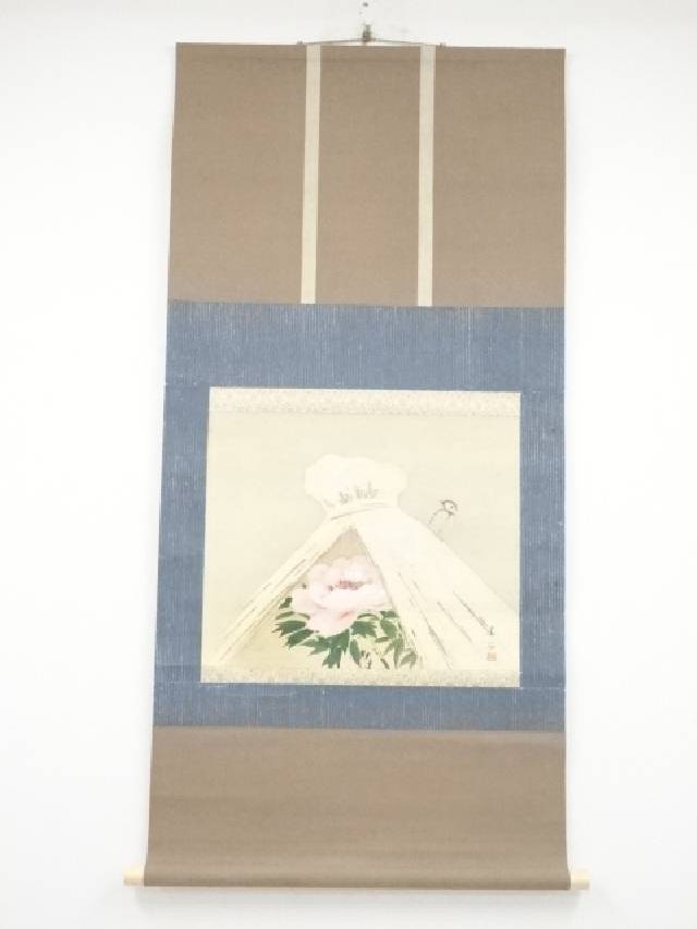 【中古】【書画】佐々木春華筆　寒牡丹図　肉筆絹本掛軸（共箱）【送料無料】◎掛け軸 床の間 書 おしゃれ 絵画 表具 芸術 茶道 年中掛け インテリア 茶掛 掛物 和室